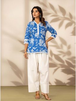 Kasya - Blue Floral Cotton Kurti with Farshi Salwar