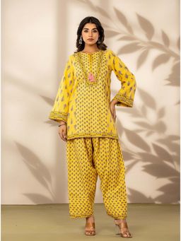 Kasya - Yellow Printed Cotton Kurti with Farshi Salwar
