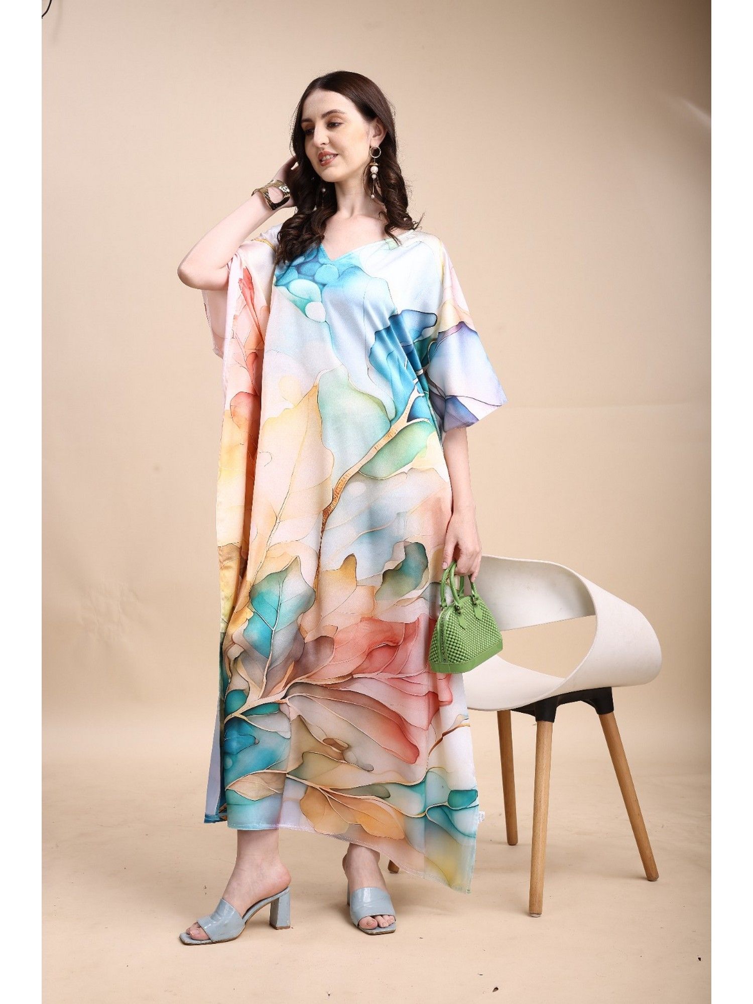 Women's Printed V-Neck Sleeves Long Satin Kaftan Dress-image-45
