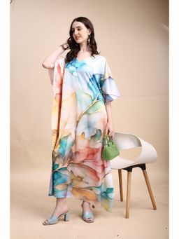 SWI STYLISH - Women's Printed V-Neck Sleeves Long Satin Kaftan Dress