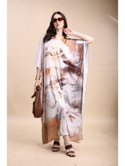 SWI STYLISH - Women's Printed V-Neck Sleeves Long Satin Kaftan Dress
