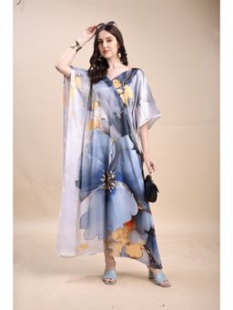 SWI STYLISH - Women's Printed V-Neck Sleeves Long Satin Kaftan Dress