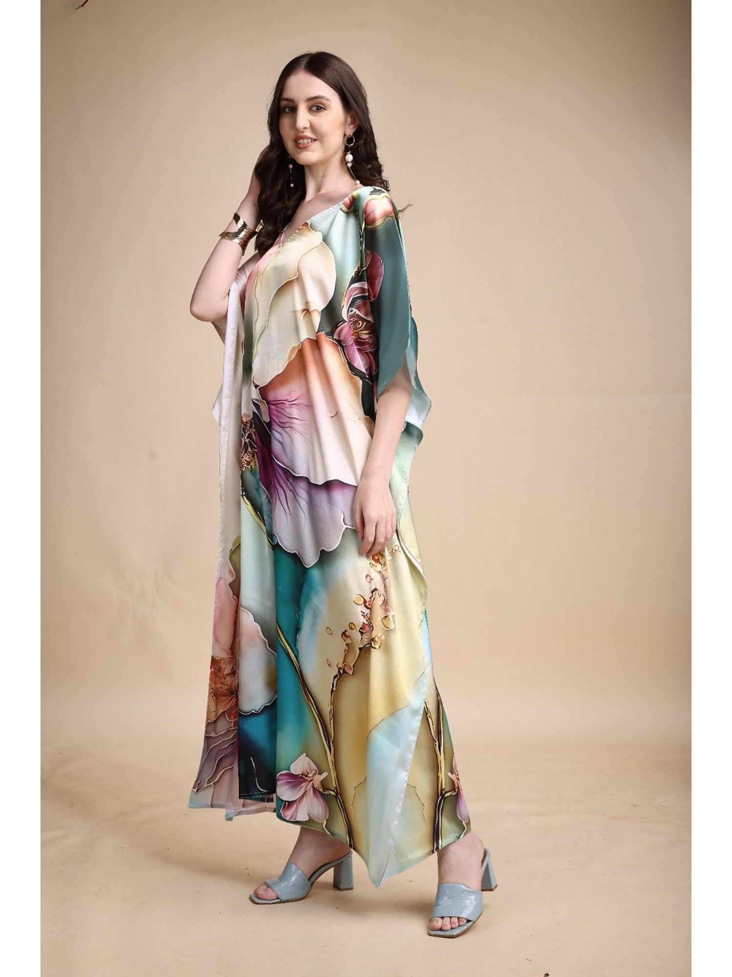 swi stylish Women's Printed V-Neck Sleeves Long Satin Kaftan Dress-picture-16
