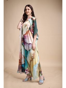 SWI STYLISH - Women's Printed V-Neck Sleeves Long Satin Kaftan Dress