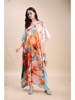 SWI STYLISH - Women's Printed V-Neck Sleeves Long Satin Kaftan Dress