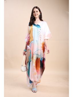 SWI STYLISH - Women's Printed V-Neck Sleeves Long Satin Kaftan Dress