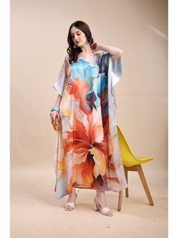 SWI STYLISH - Women's Printed V-Neck Sleeves Long Satin Kaftan Dress