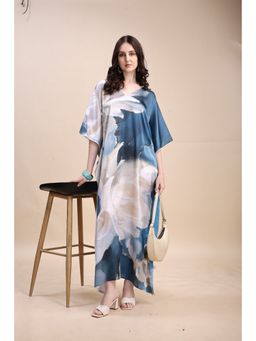 SWI STYLISH - Women's Printed V-Neck Sleeves Long Satin Kaftan Dress