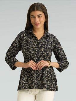 Women Plus - Black Printed Pure Cotton A-Line Tunic
