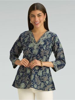 Women Plus - Navy Blue Floral Printed Pure Cotton A-Line Tunic