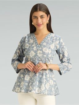 Women Plus - Gull Grey Floral Printed Pure Cotton A-Line Tunic