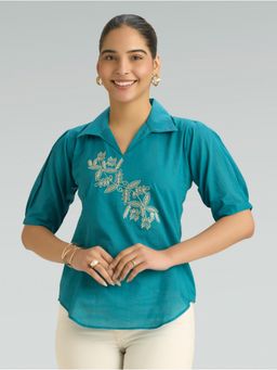 Women Plus - Eastern Blue Smart Collared Embroidered Pure Cotton Tunic