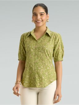 Women Plus - Tan Green Printed Pure Cotton Tunic