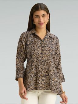 Women Plus - Taupe Brown Kalamkari Hand-Block Print Pure Cotton Tunic