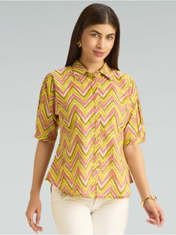 Women Plus - Chevron Printed Shirt Collar Pure Cotton Tunic