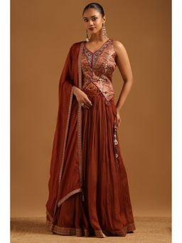 Soch - Brown Brocade Choli with Lehenga and Dupatta with Unstitched Sleeves