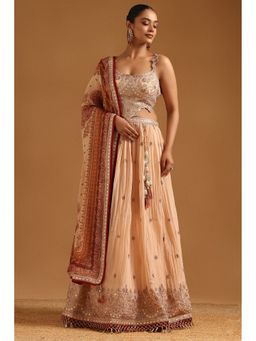 Soch - Beige Tissue Choli with Lehenga and Dupatta with Unstitched Sleeves