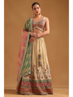 Soch - Beige Viscose Blend Choli with Lehenga and Dupatta with Unstitched Sleeves
