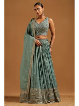 Soch - Turquoise Blue Dupion Choli with Lehenga and Dupatta with Unstitched Sleeves
