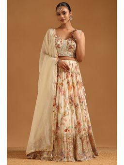Soch - Cream Chinon Choli with Lehenga and Dupatta with Unstitched Sleeves