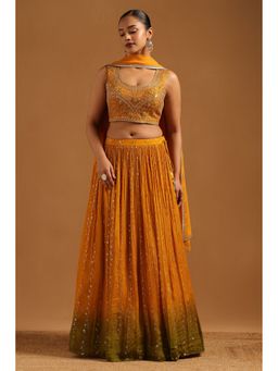 Soch - Mustard Dupion Choli with Lehenga and Dupatta with Unstitched Sleeves
