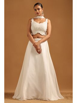 Soch - White Crepe Choli with Lehenga and Dupatta with Unstitched Sleeves