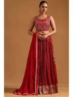 Soch - Red Brocade Choli with Lehenga and Dupatta with Unstitched Sleeves