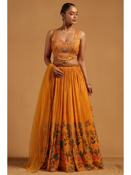 Soch - Mustard Dola Silk Floral Print Beads and Stones Choli with Lehenga and Dupatta