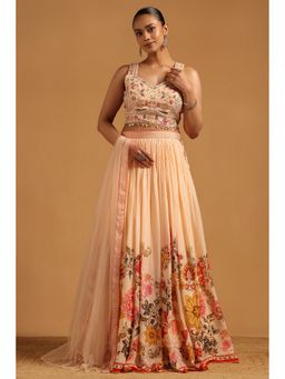 Soch - Peach Dola Silk Choli with Lehenga and Dupatta with Unstitched Sleeves