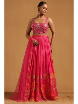Soch - Fuchsia Dola Silk Floral Print Beads and Stones Choli with Lehenga and Dupatta