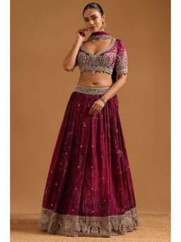 Soch - Wine Chinon Botanical Sequins Choli with Lehenga and Dupatta