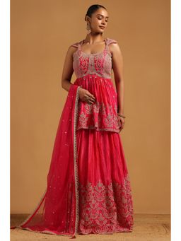 Soch - Fuchsia Chinon Botanical Stone Work Choli with Lehenga and Dupatta