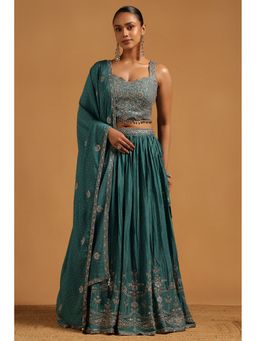 Soch - Turquoise Blue Chinon Choli with Lehenga and Dupatta with Unstitched Sleeves