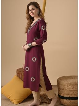 Surhi - Maroon Cotton Printed Embroidered Kurta