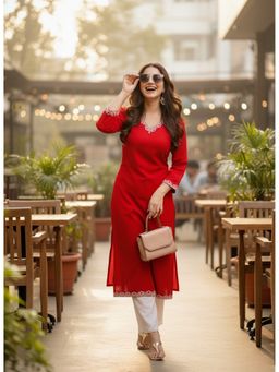 Surhi - Red Cotton Solid Embroidered Kurta