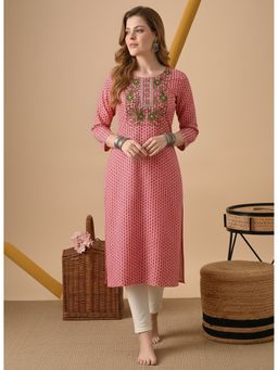 Surhi - Pink Cotton Printed Embroidered Kurta