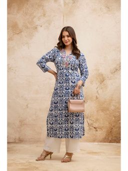 Surhi - Blue Cotton Printed Embroidered Kurta