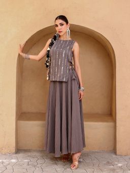 Qissa - Women Grey Embellished Poly Georgette Sleeveless Top with Flared Skirt