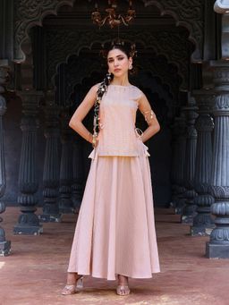 Qissa - Women's Peach Poly Georgette Embellished Sleeveless Top and Pleated Flared Skirt