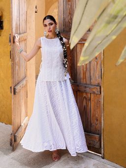 Qissa - Women's White Embellished Poly Georgette Sleeveless Top and Flared Skirt