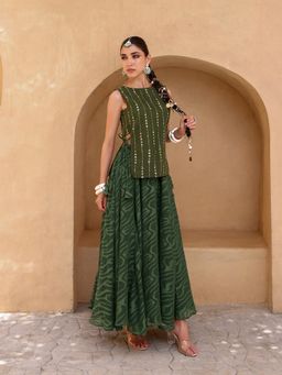 Qissa - Women's Olive Green Embellished Sleeveless Sequin Top and Flared Self-Design Lehenga