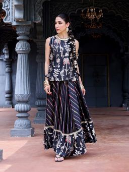 Qissa - Women's Black Poly Satin Printed Top and Flared Skirt