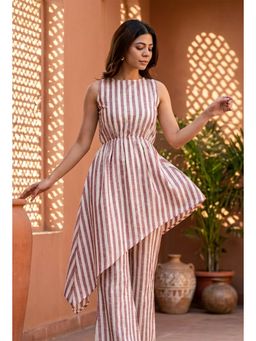 Tjori - Rose and Ivory Striped Asymmetric Cotton Viscose Top