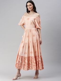 SHOWOFF - Womens Midi Floral Peach Off-shoulder Fit And Flare Dress