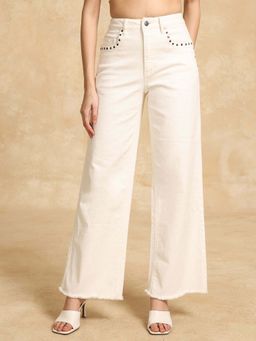 Kazo - White Wide Leg Jeans with Rivet Detail
