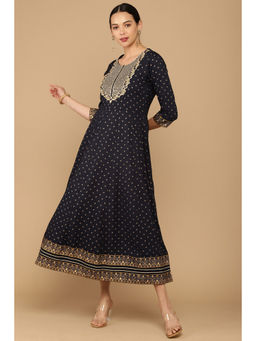 Soch - Navy Blue Rayon Screen Printing Flared Fit Kurta