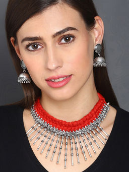 Sohi - Red Silver Toned Oxidised Thread Jewellery (Set of 2)