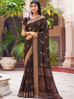 Odette - Womens Brown Chanderi Printed Saree with Unstitched Blouse