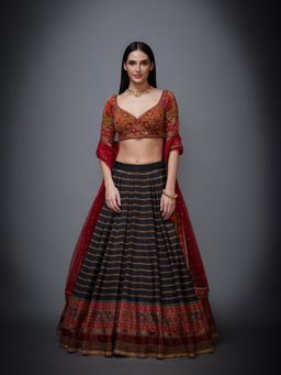 RI.Ritu Kumar - Sweet Heart Neck Half Sleeves Blouse With Lehenga And Dupatta (M) (Set of 3)