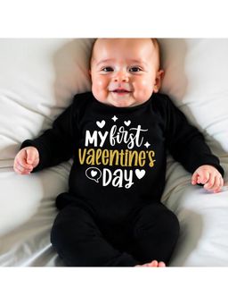 KNITROOT - Valentine Theme My First Valentine Day Glitter Text Printed Romper - Black
